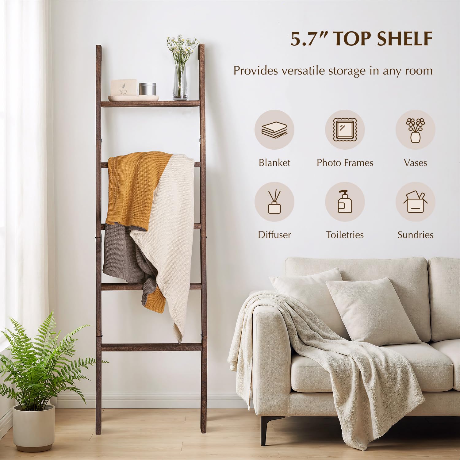 KOSKOG wood ladder stands elegantly in living room as décor and storage.
