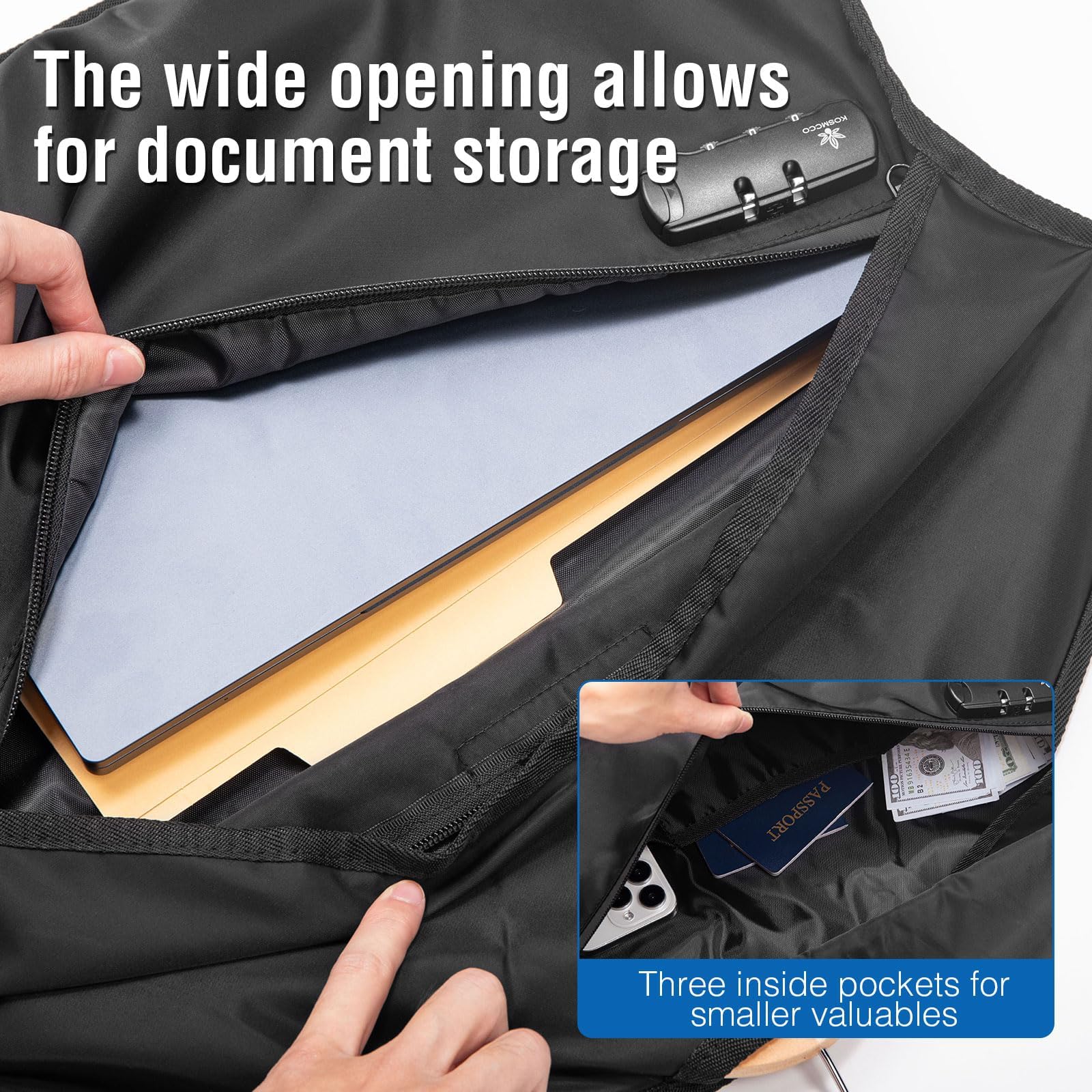 KOSMCCO spacious storage dimensions fit a 17-inch laptop securely