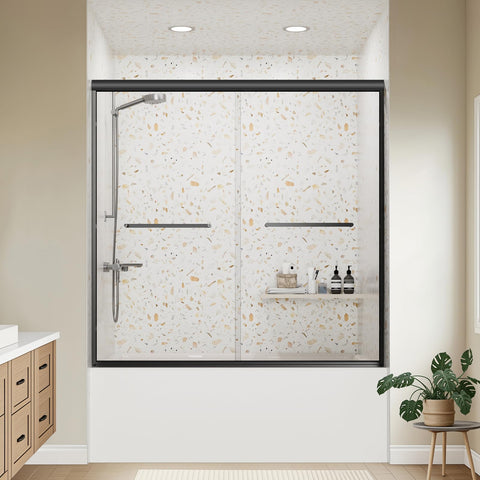 Kosmonia bathtub door with adjustable width for a seamless tub fit.