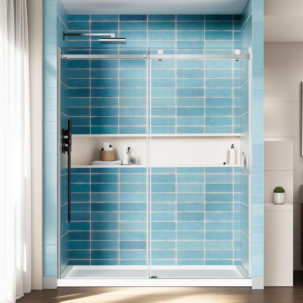 Kosmonia frameless sliding door setup showing modern bathroom edge and sleek look