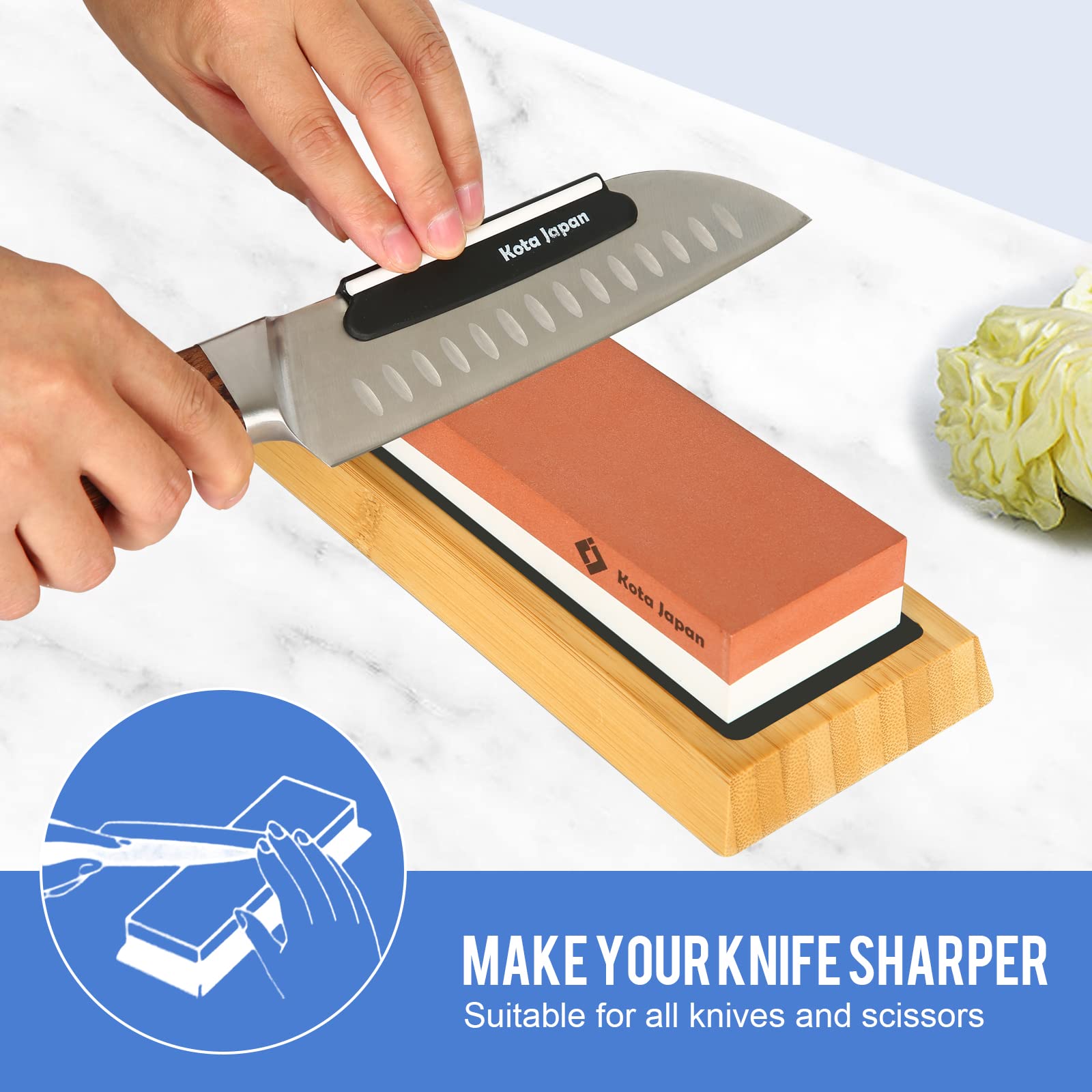Kota Japan blade guide helps maintain precise sharpening angles.