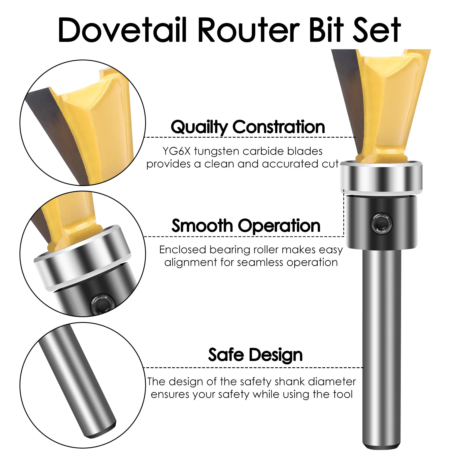 KOWOOD bearing-equipped dovetail bit close-up for precise joints.