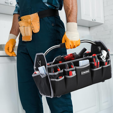 KOWSINDE electrician tool bag organizing drills, tapes, and wrenches