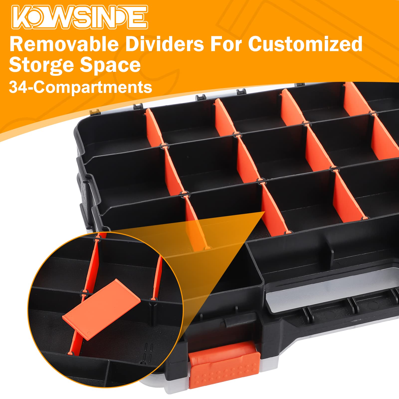 KOWSINDE removable dividers slide out to customize small-part storage.