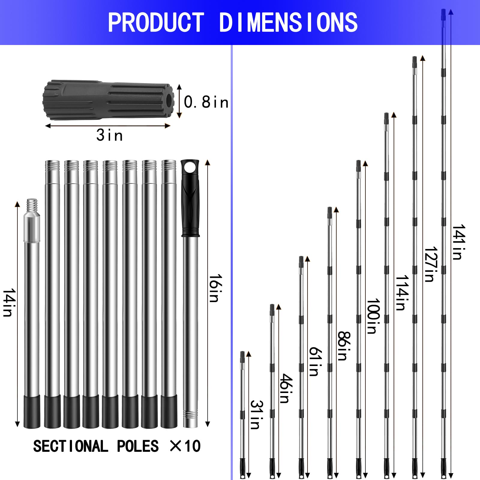 Koyata 10-section stainless steel pole stores compactly when disassembled