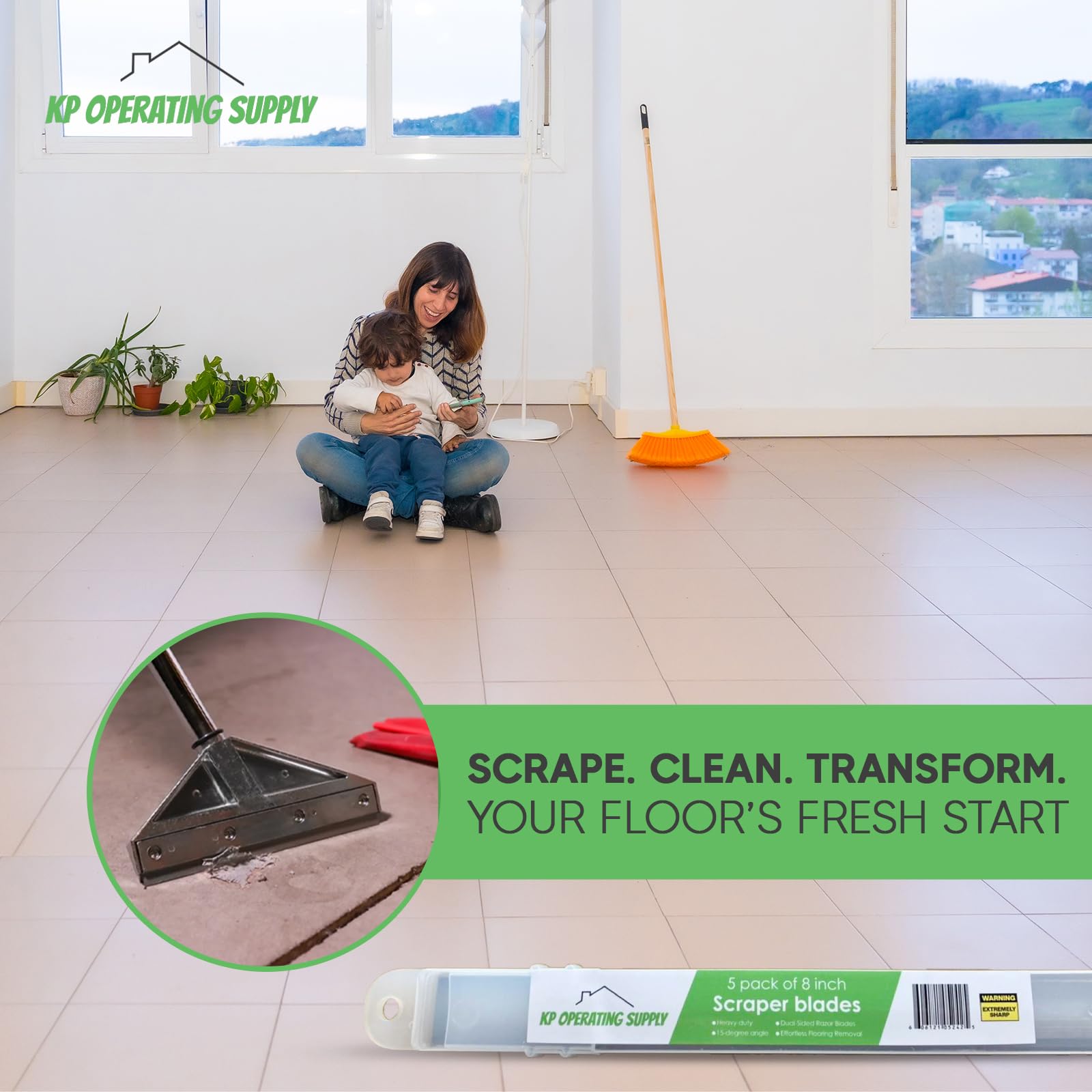 KP Operating Supply compatibility with telescoping floor scraper enables comfortable upright operation