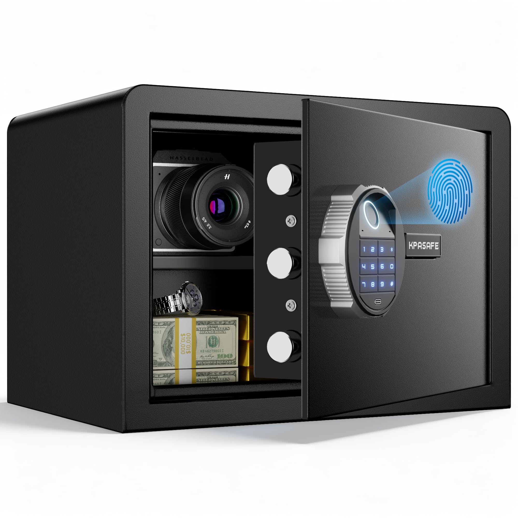 Kpasafe small biometric safe front view for discreet home security.