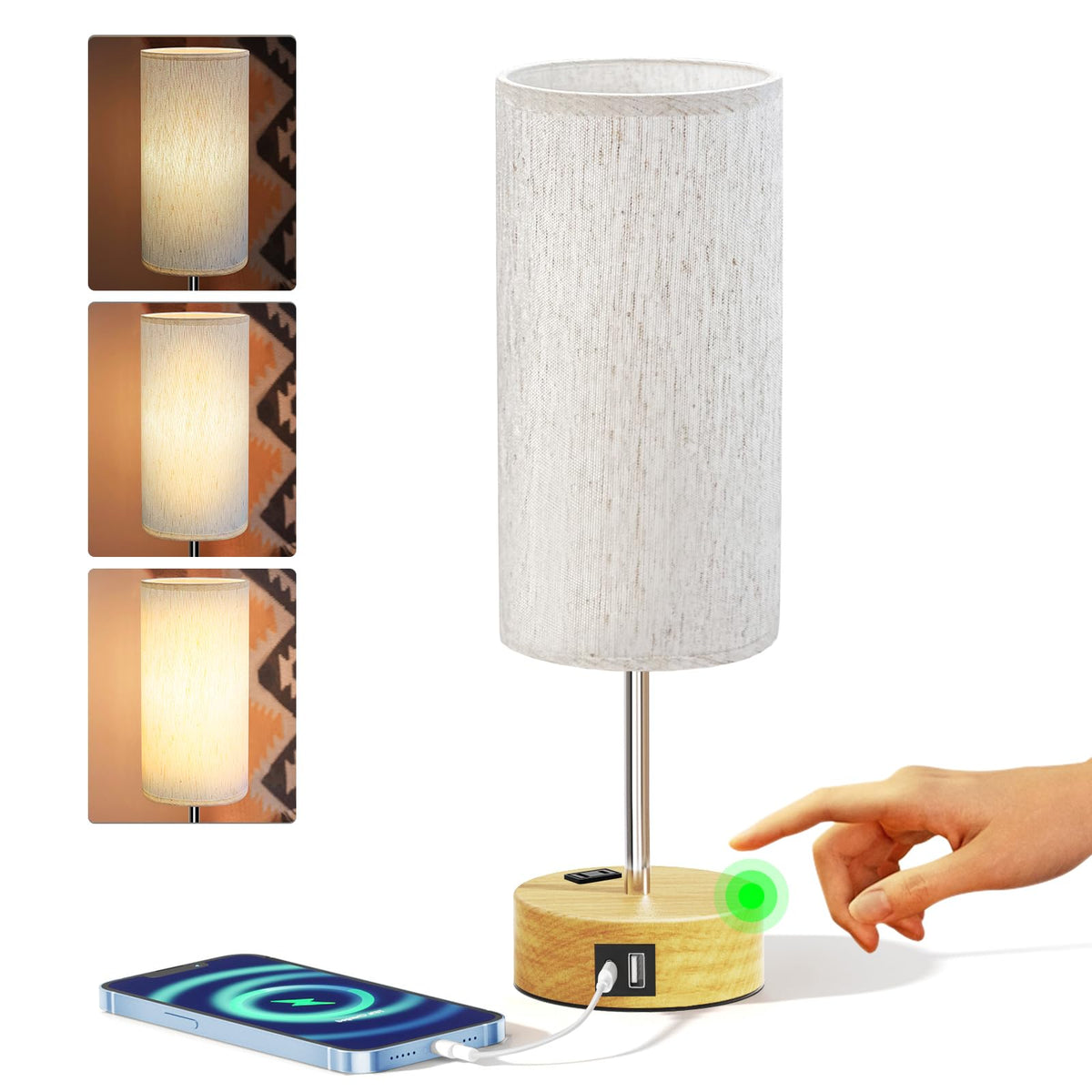 KPQ small bedside lamp showing touch-control base for easy brightness adjustment