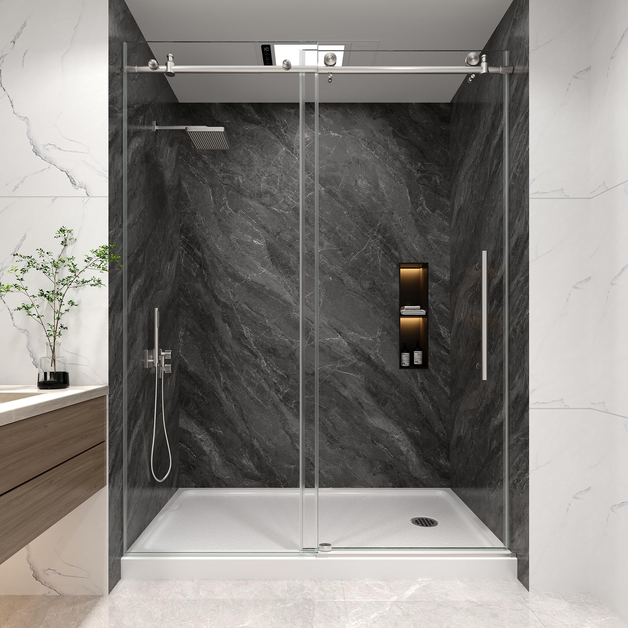 KPUY frameless shower door 60x76 with brushed nickel hardware for a modern bathroom