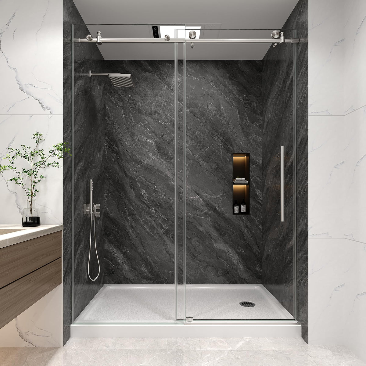 KPUY frameless shower door 60x76 with brushed nickel hardware for a modern bathroom