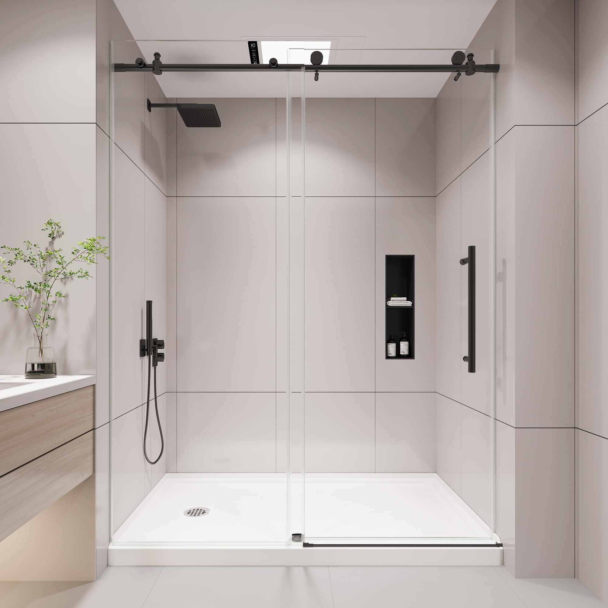 KPUY frameless shower door front view with 60-76 size, space-saving design.