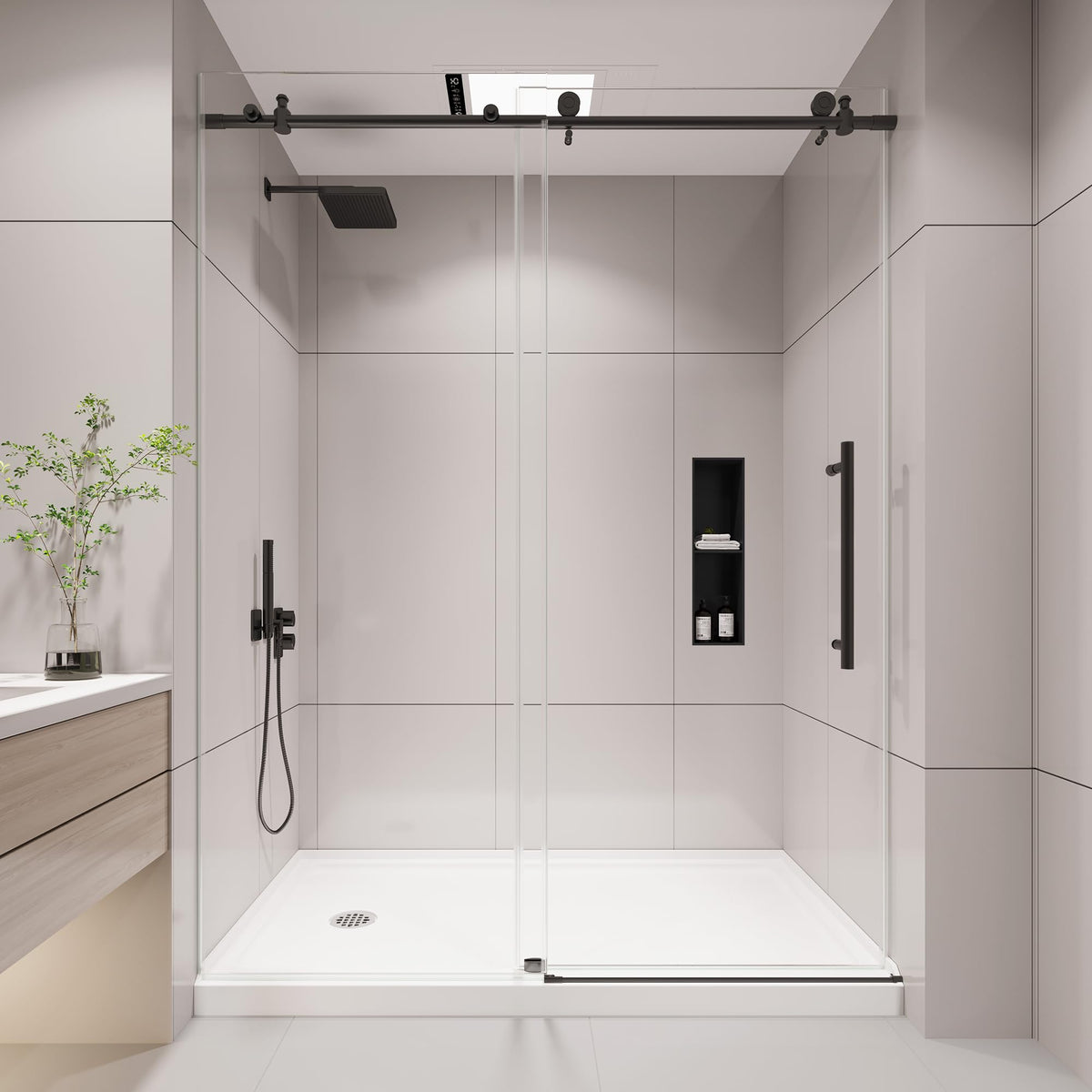 KPUY frameless shower door front view with 60-76 size, space-saving design.