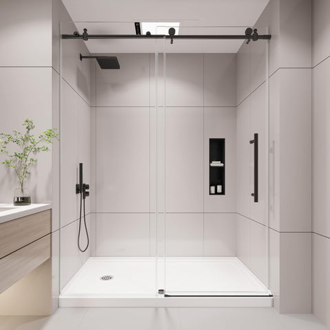 KPUY frameless shower door front view with 60-76 size, space-saving design.