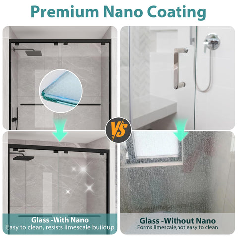 KPUY glass shower door closed panel detail shows tempered glass with film.