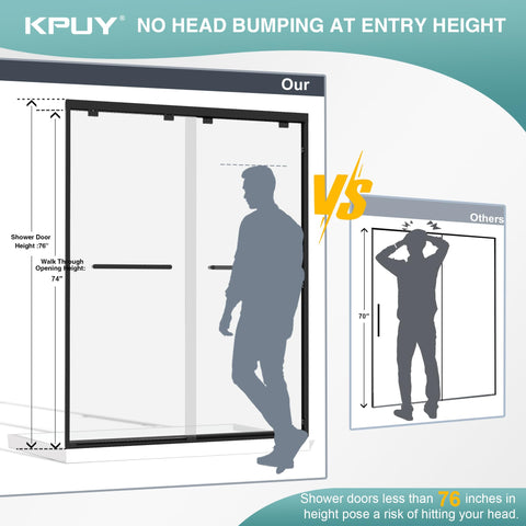 KPUY glass shower door side view highlighting the slim profile and smooth sliding.