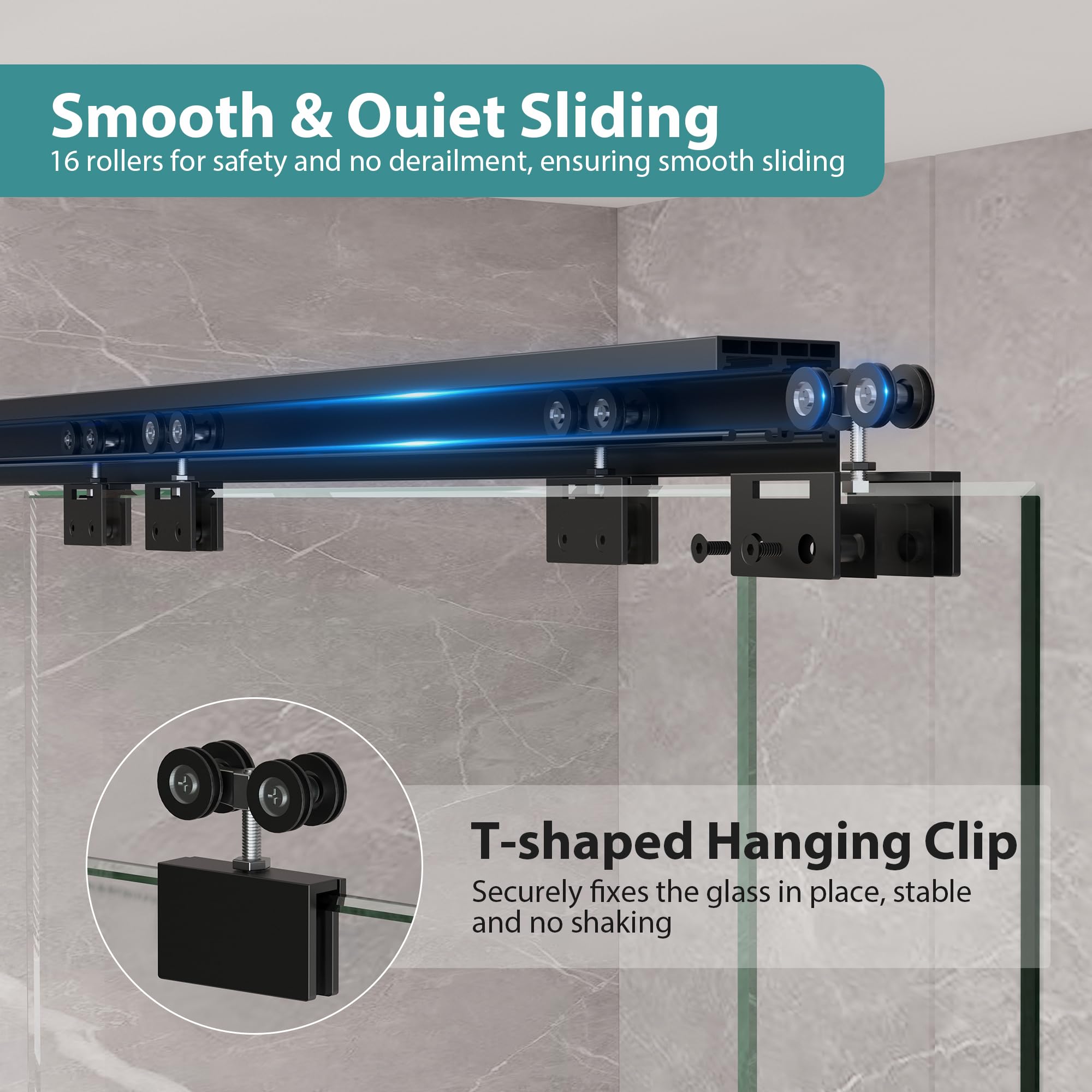 KPUY shower door track and rollers enable smooth, quiet operation.