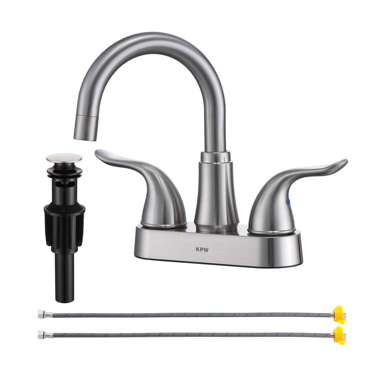 KPW brushed nickel centerset faucet with gooseneck spout for flexible bathroom use.