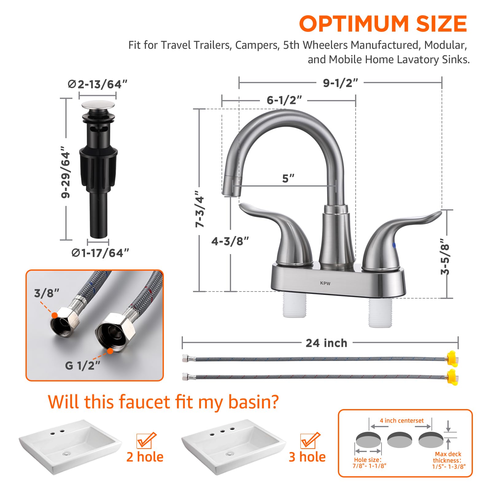 KPW two-handle faucet provides precise hot and cold water control.