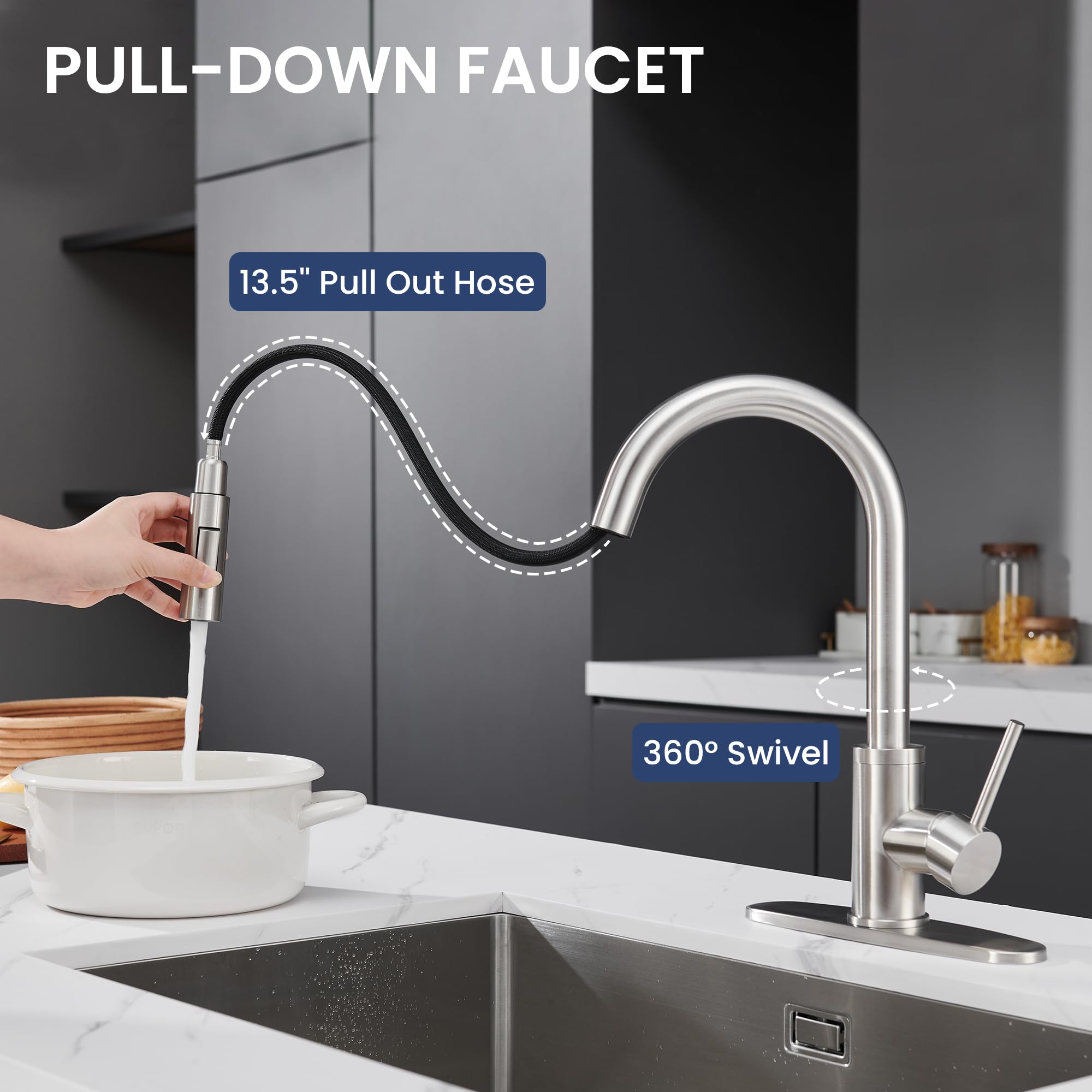 KPW faucet with dual spray modes for different kitchen tasks