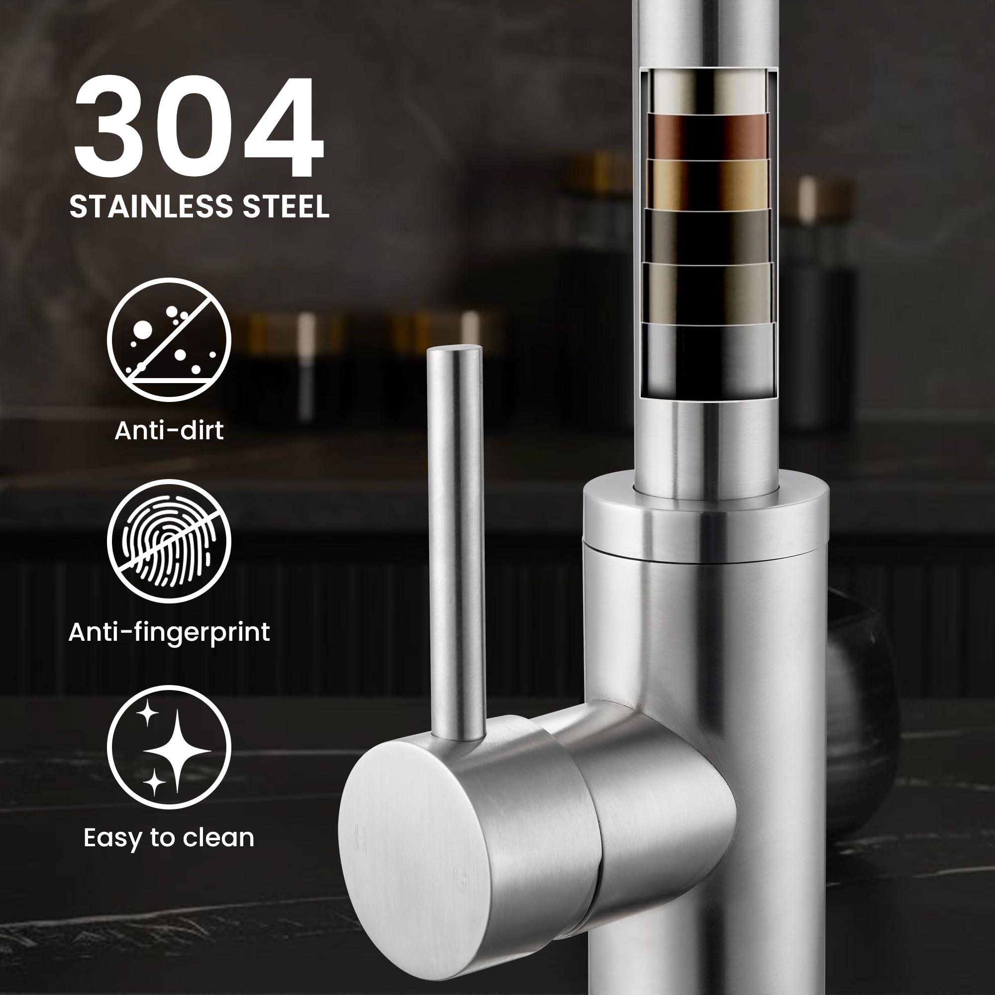 KPW faucet with preinstalled hoses for quick 1- or 3-hole installation