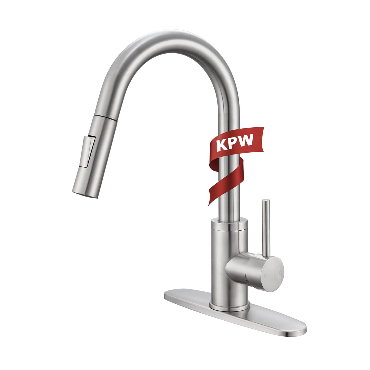 KPW kitchen faucet with pull-down sprayer in brushed nickel for versatile cleaning