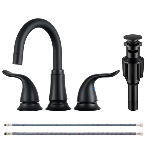 KPW matte black bathroom faucet with 8-inch wide spread for 3-hole sinks