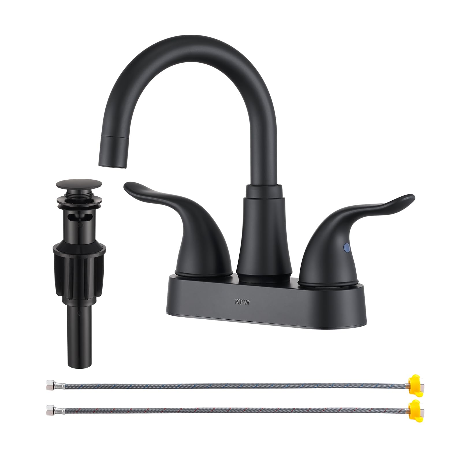 KPW matte black centerset faucet with 4-inch spout for compact vanities.