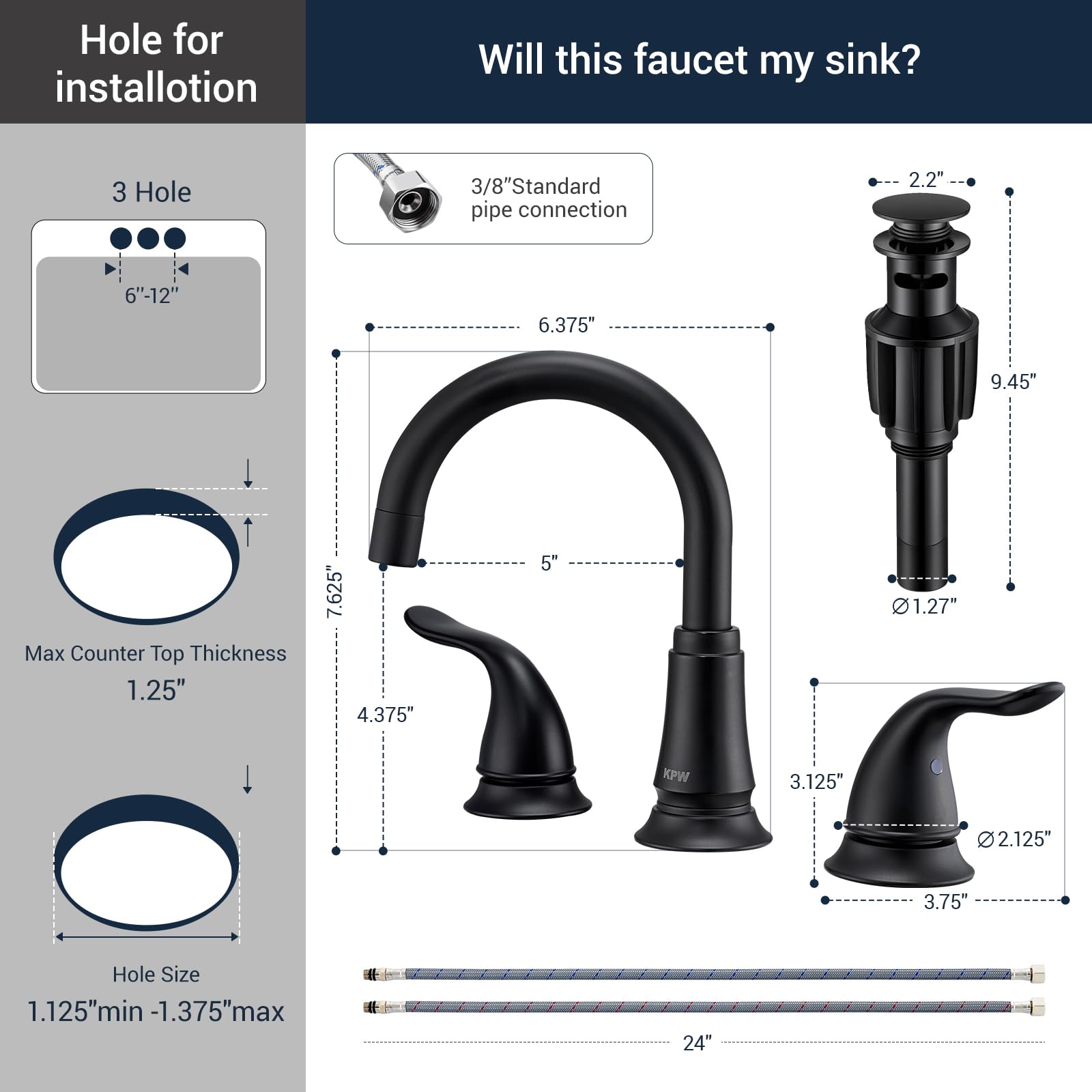 KPW pop-up drain included with matte black faucet for a clean finish