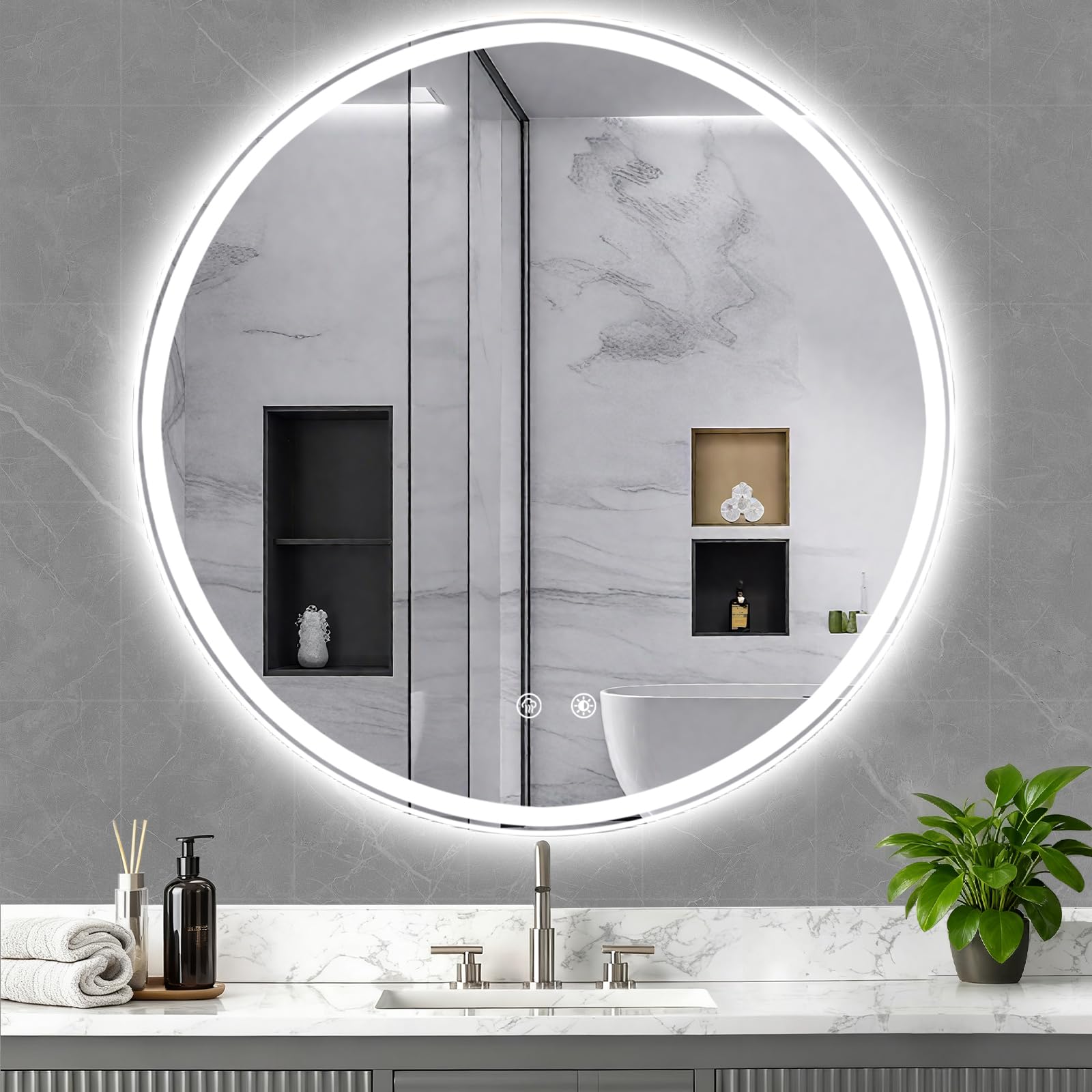 KQTULH 24in LED mirror shows front and back lighting for precise makeup