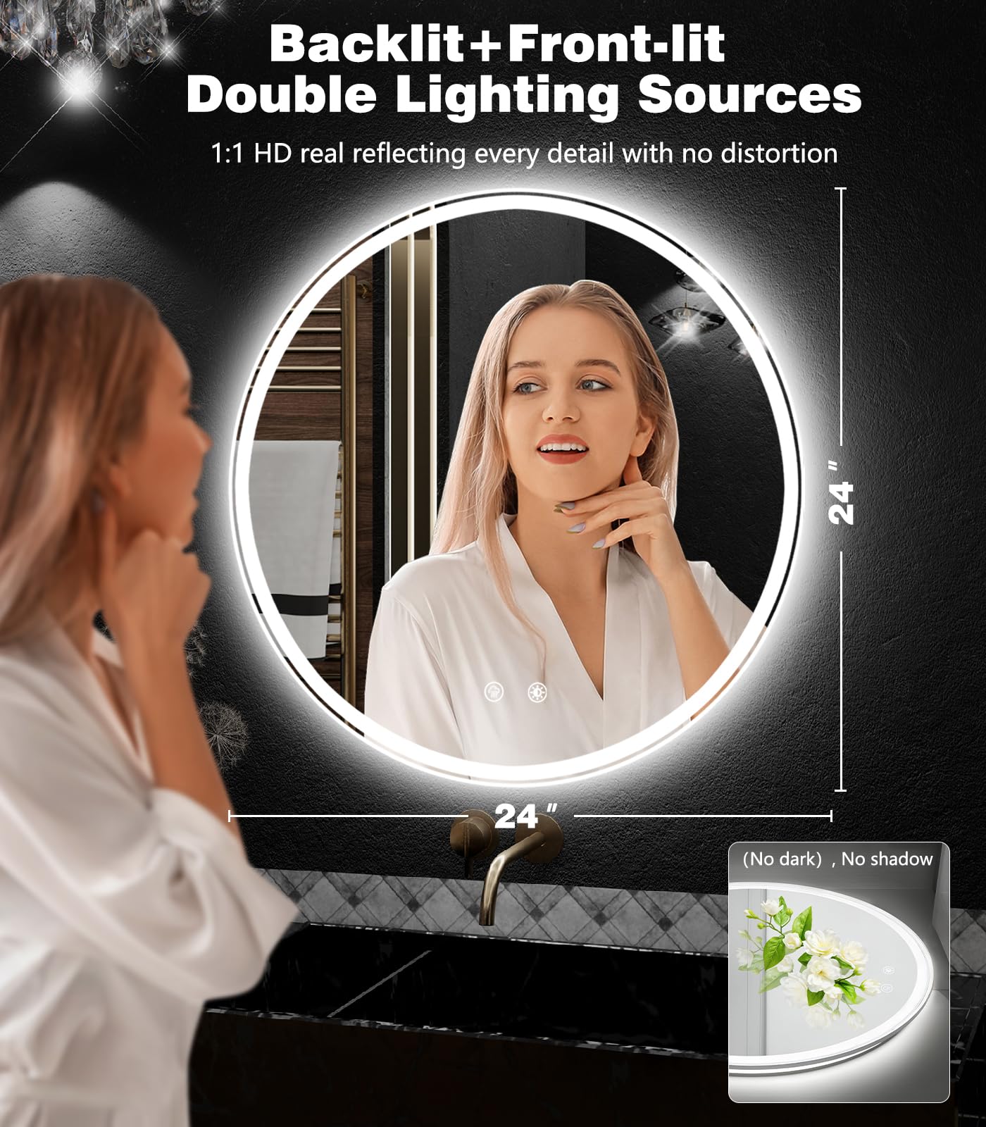 KQTULH mirror with dimmable three color temperatures for day to night tasks