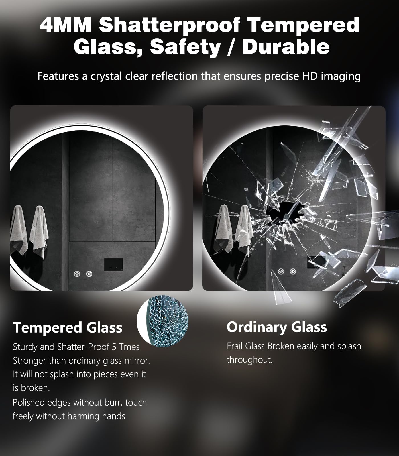 UL certified LED strips on the KQTULH mirror ensure steady brightness