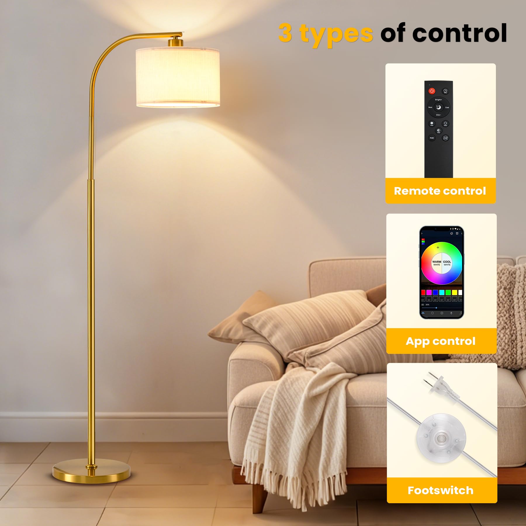 KQW floor lamp color temperatures from 3000K to 6000K for reading or relaxing.