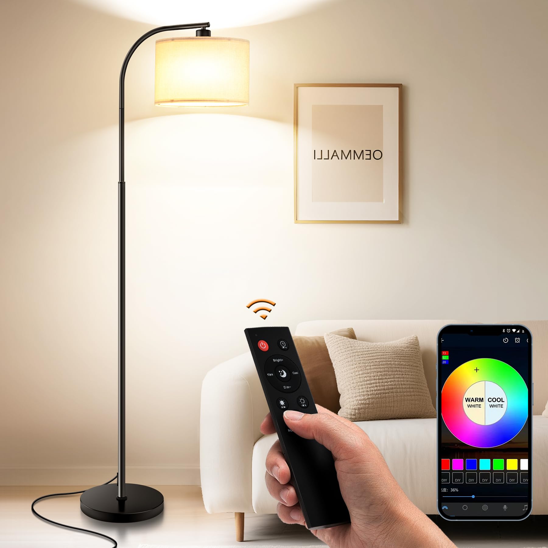 KQW floor lamp with gold base enhances elegant living room ambience.