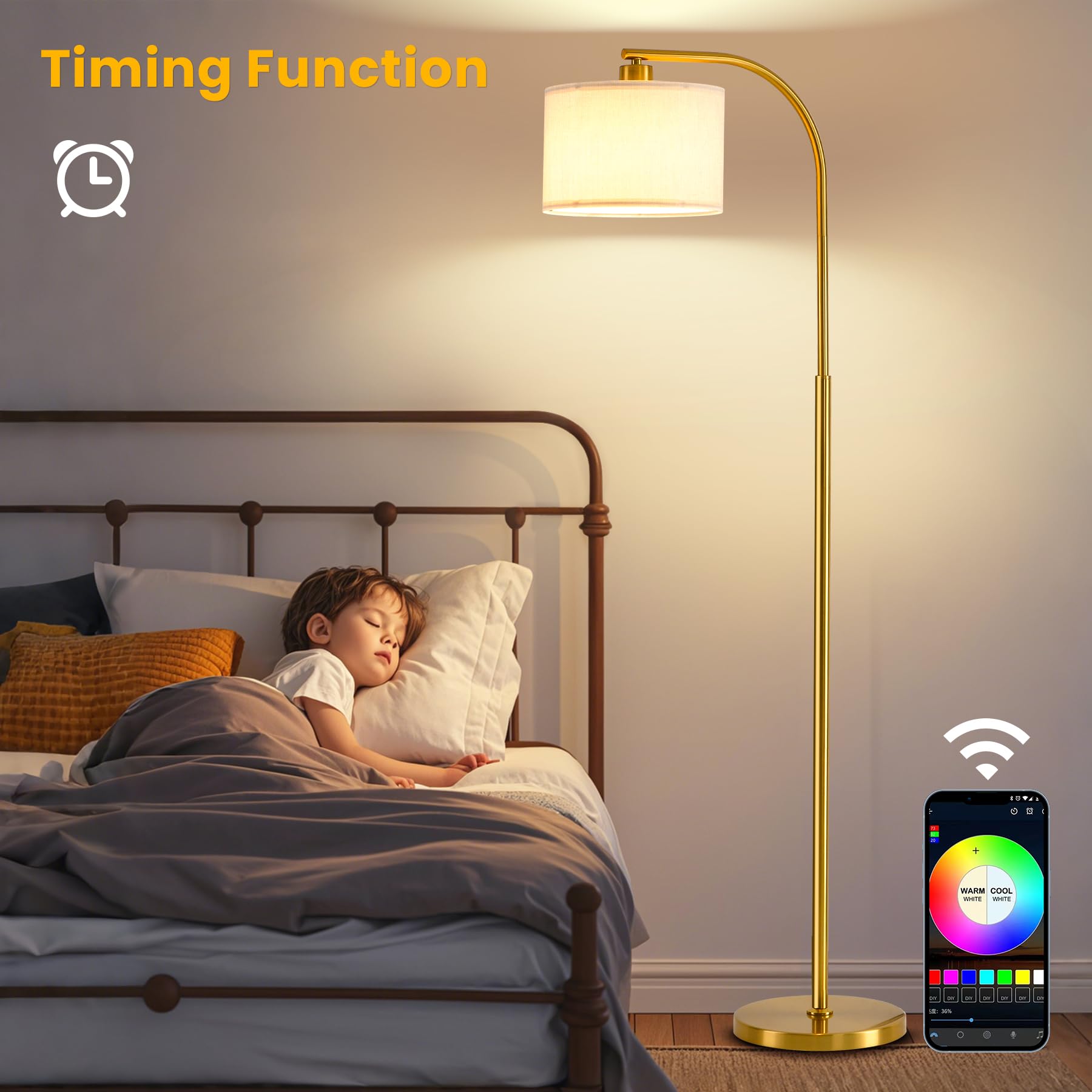 KQW floor lamp gold finish adds contemporary elegance to living spaces.
