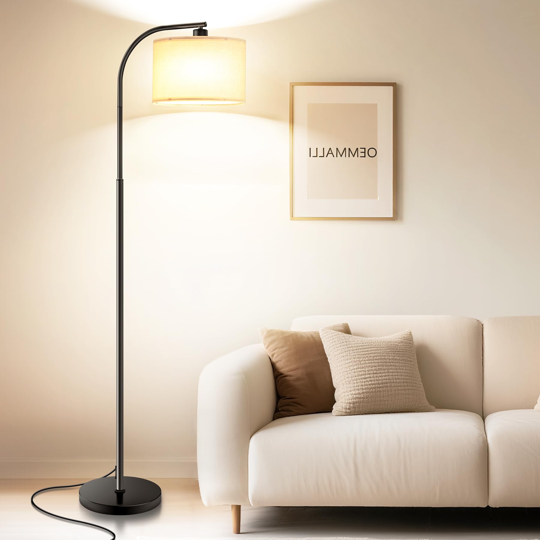 KQW floor lamp in living room with soft fabric shade for cozy evenings