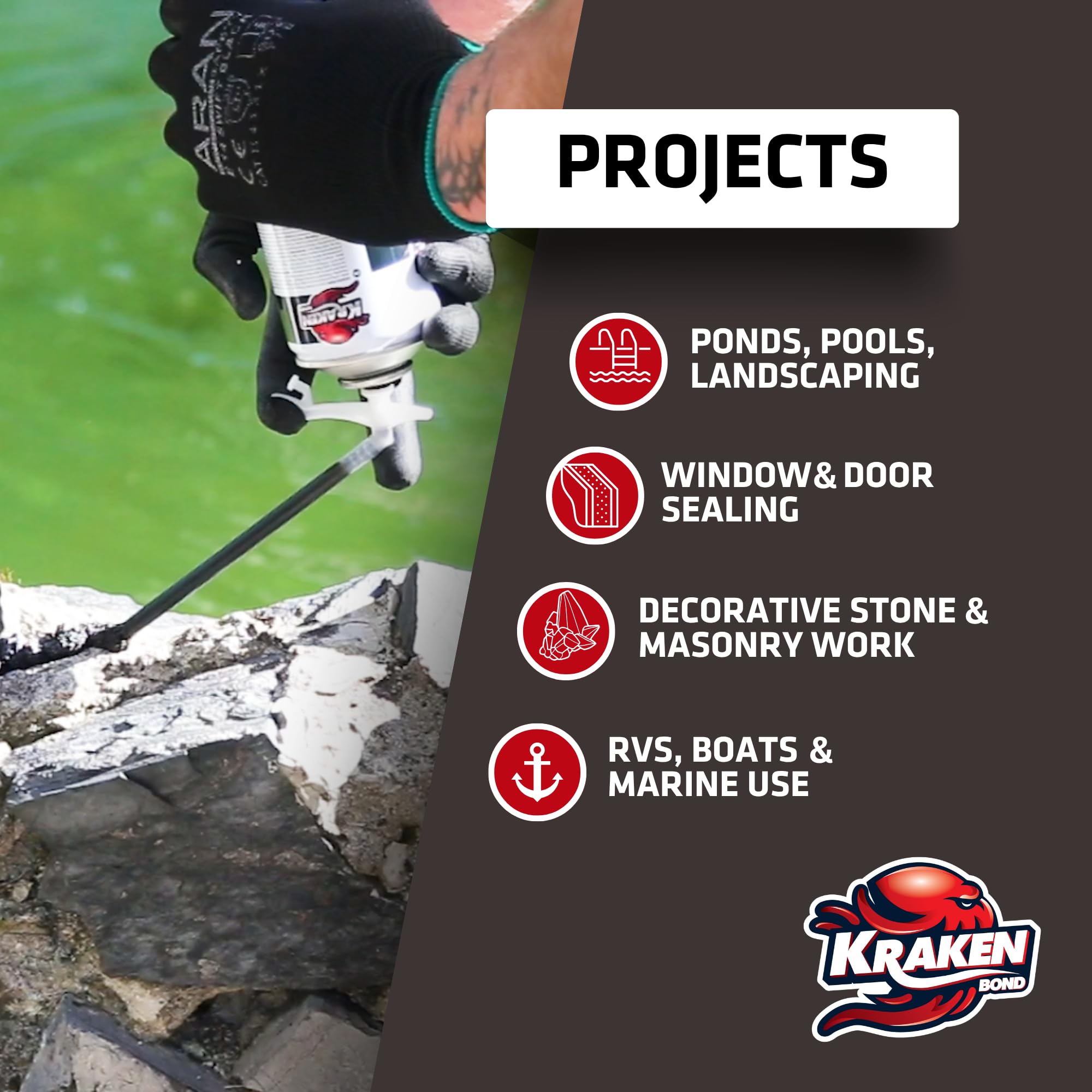 Kraken Bond Black Foam on exterior surfaces provides durable, weatherproof sealing.