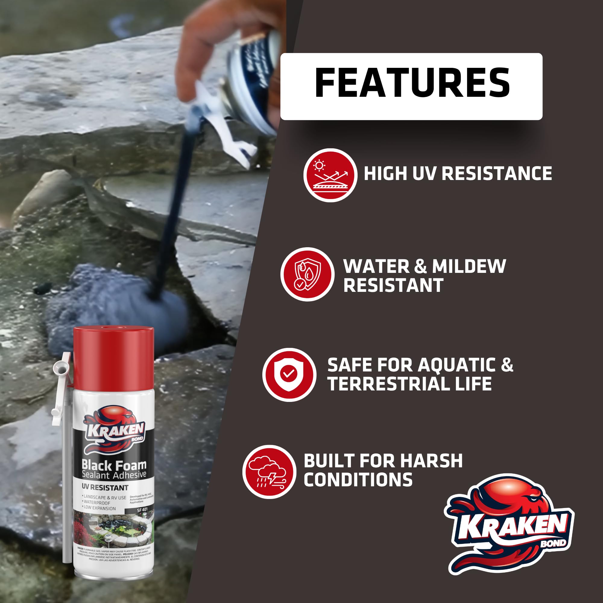 Kraken Bond Black Foam seals pond edges while remaining aquatic-friendly.