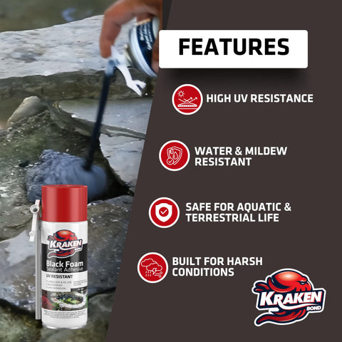 Kraken Bond Black Foam seals pond edges while remaining aquatic-friendly.