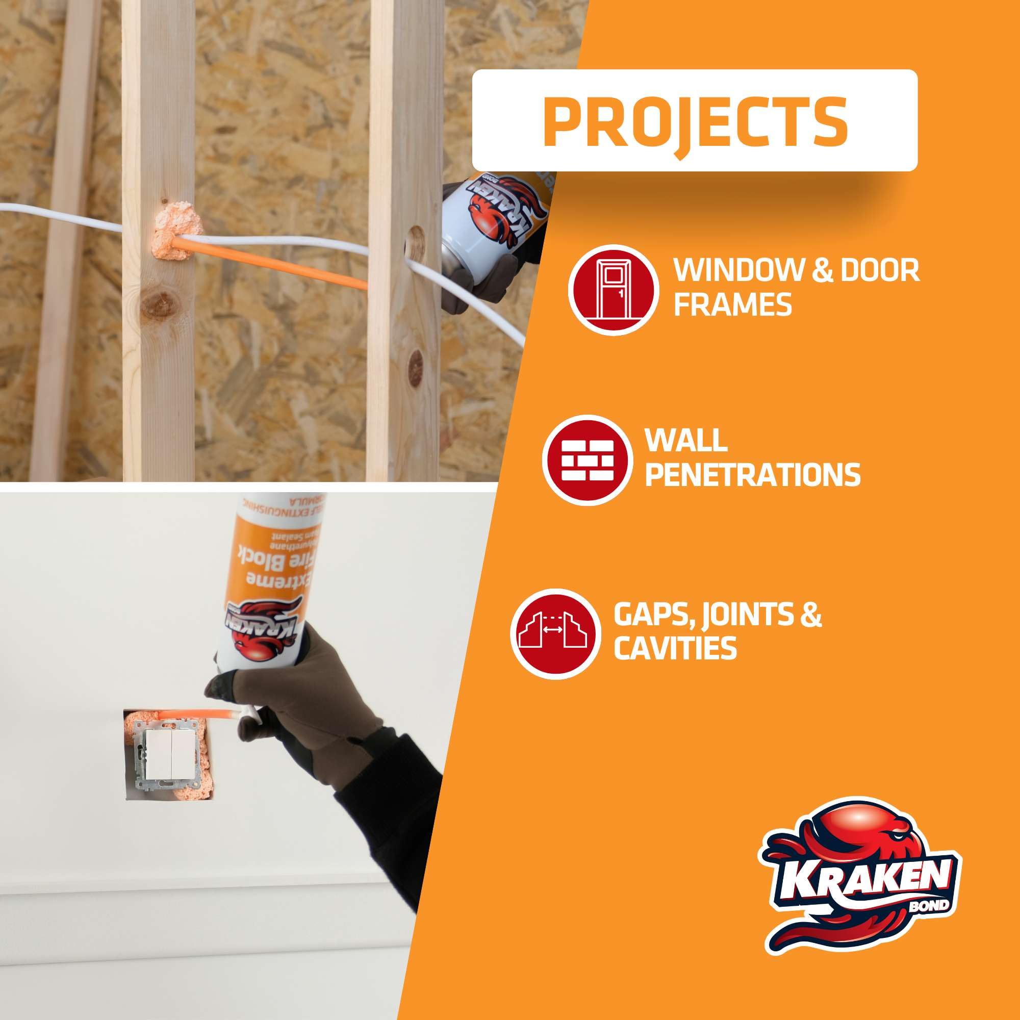 Kraken Bond Extreme Orange Fire Block Foam during spray application for fast sealing
