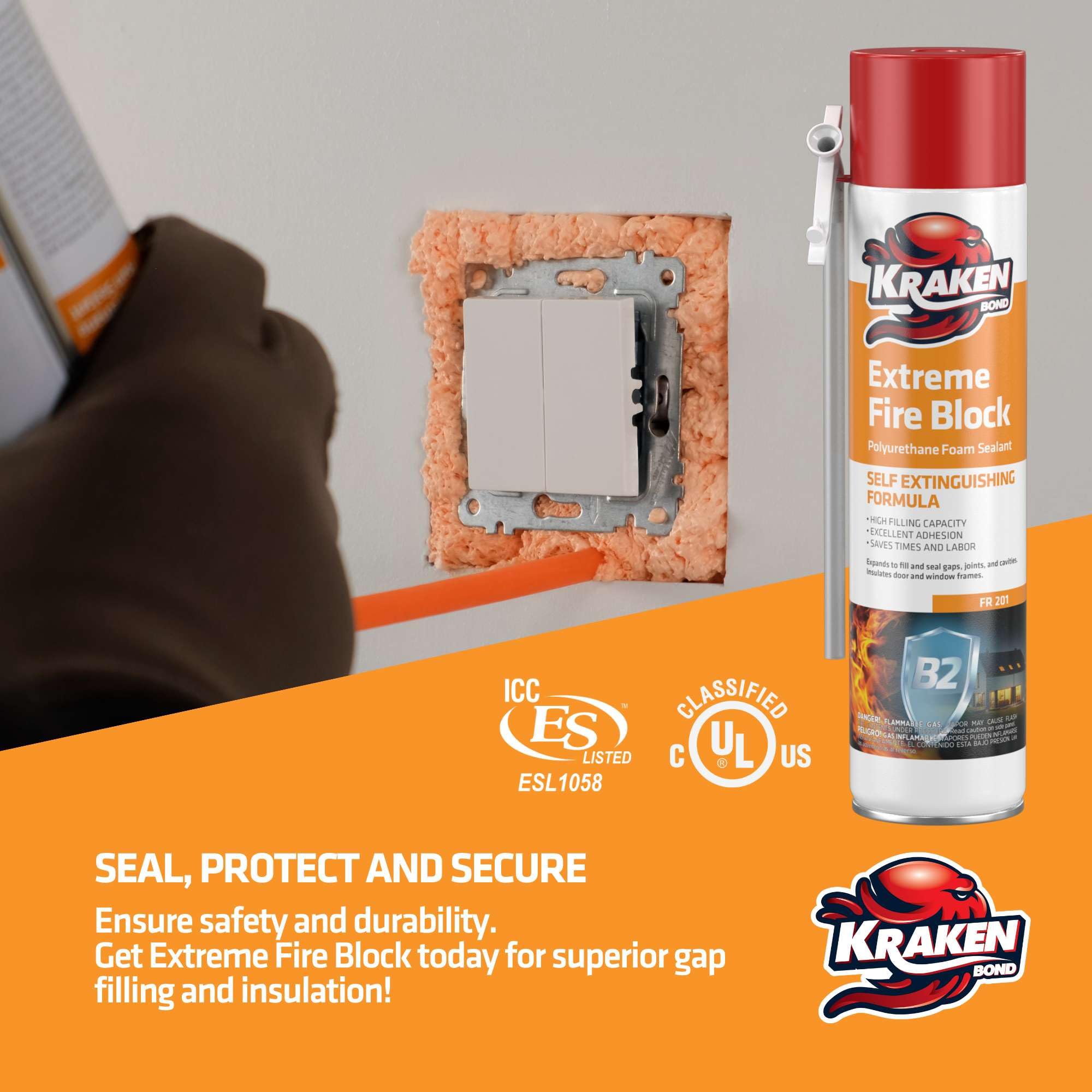 Kraken Bond Extreme Orange Fire Block Foam seals pipes with waterproof performance