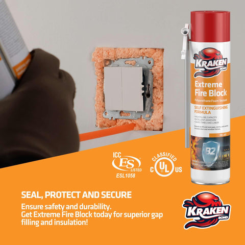 Kraken Bond Extreme Orange Fire Block Foam seals pipes with waterproof performance