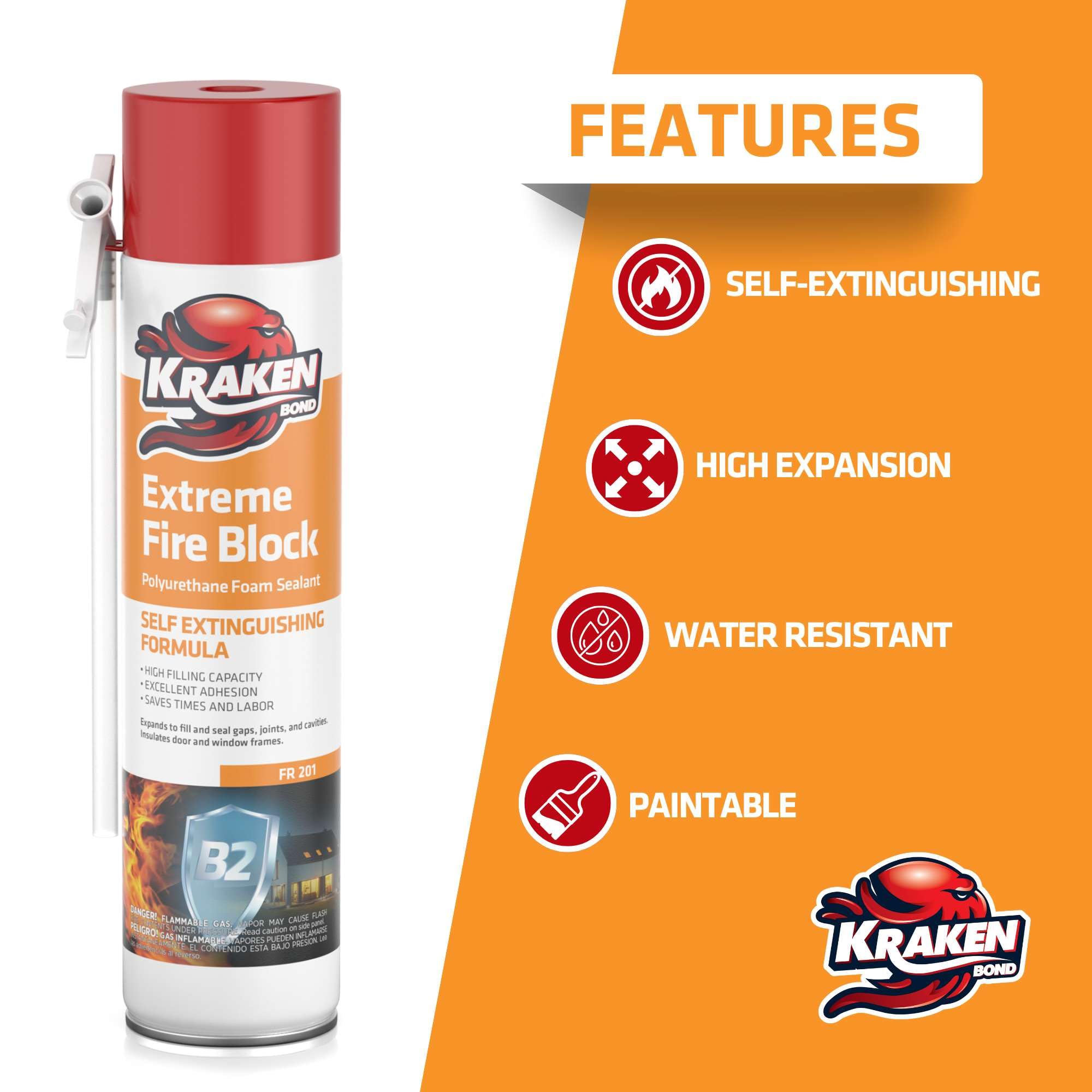 Kraken Bond Extreme Orange Fire Block Foam seals window gaps for energy efficiency