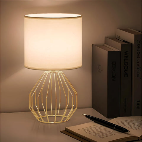 KRASTY small gold table lamp closeup shows fabric shade texture and warmth