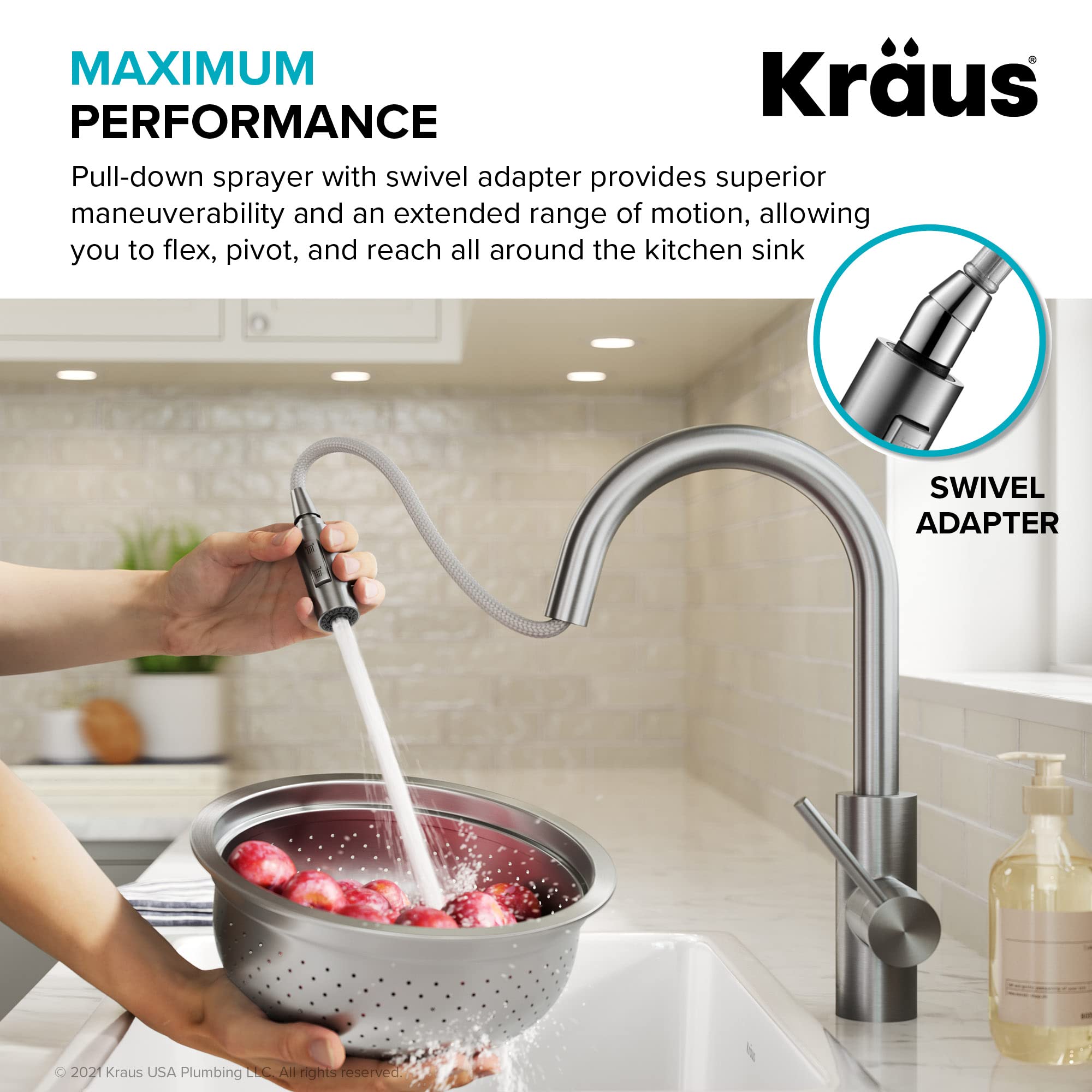 Kraus Oletto 360-degree swivel provides full sink access
