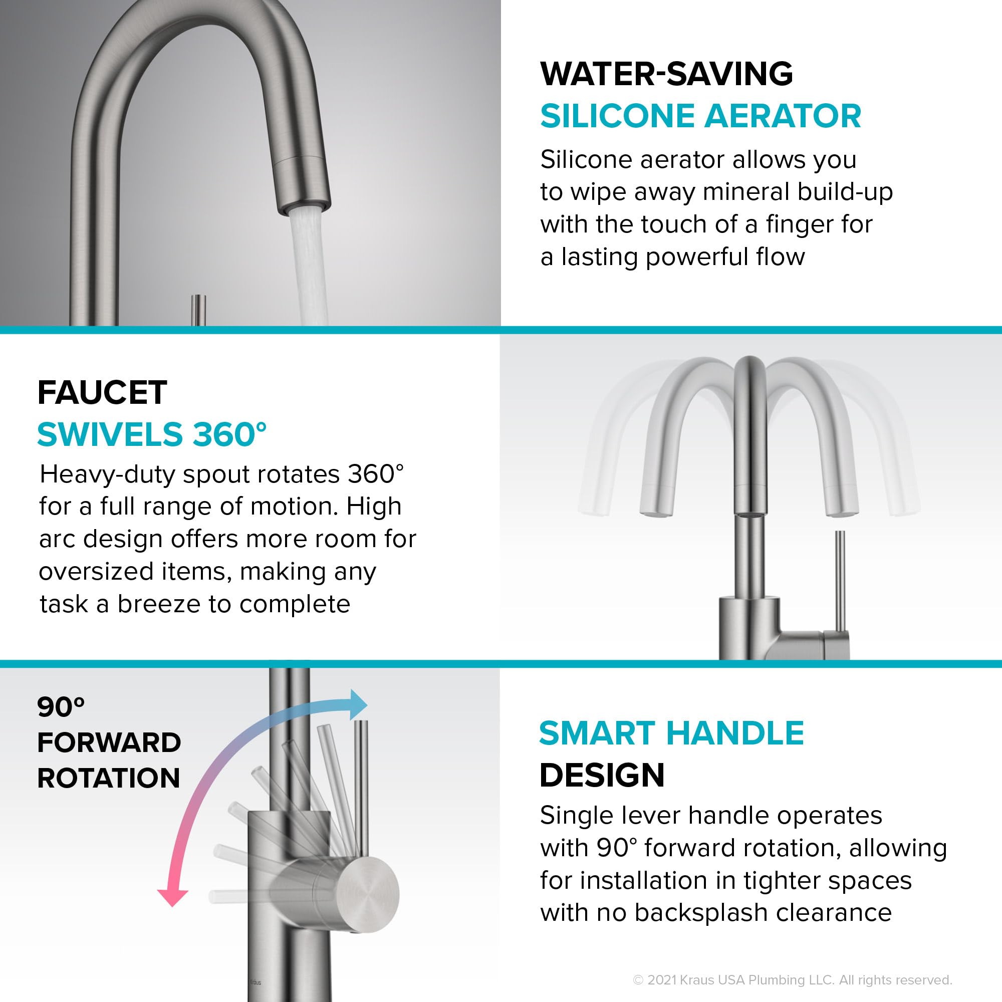 Kraus Oletto 360-degree swivel spout offers full sink access and flexibility.
