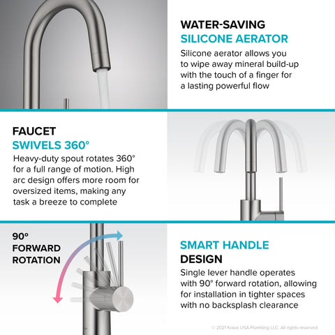 Kraus Oletto 360-degree swivel spout offers full sink access and flexibility.