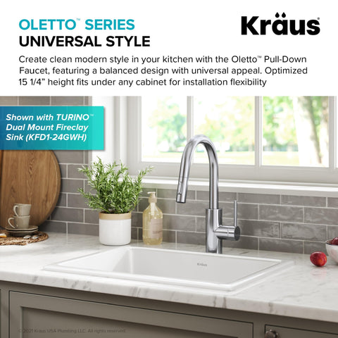 Kraus Oletto 360-degree swivel for full sink coverage.