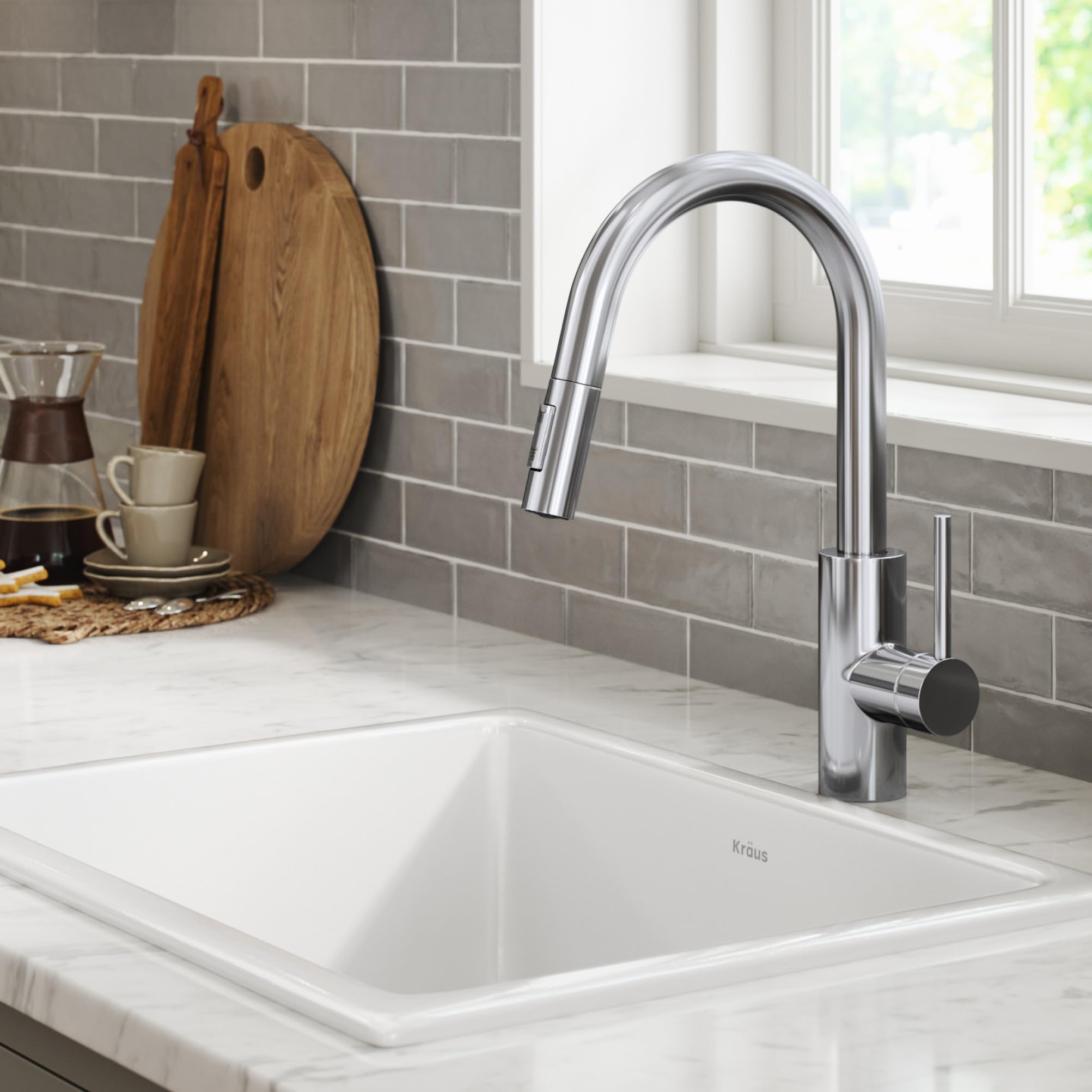 Kraus Oletto chrome finish adds sleek, durable shine.