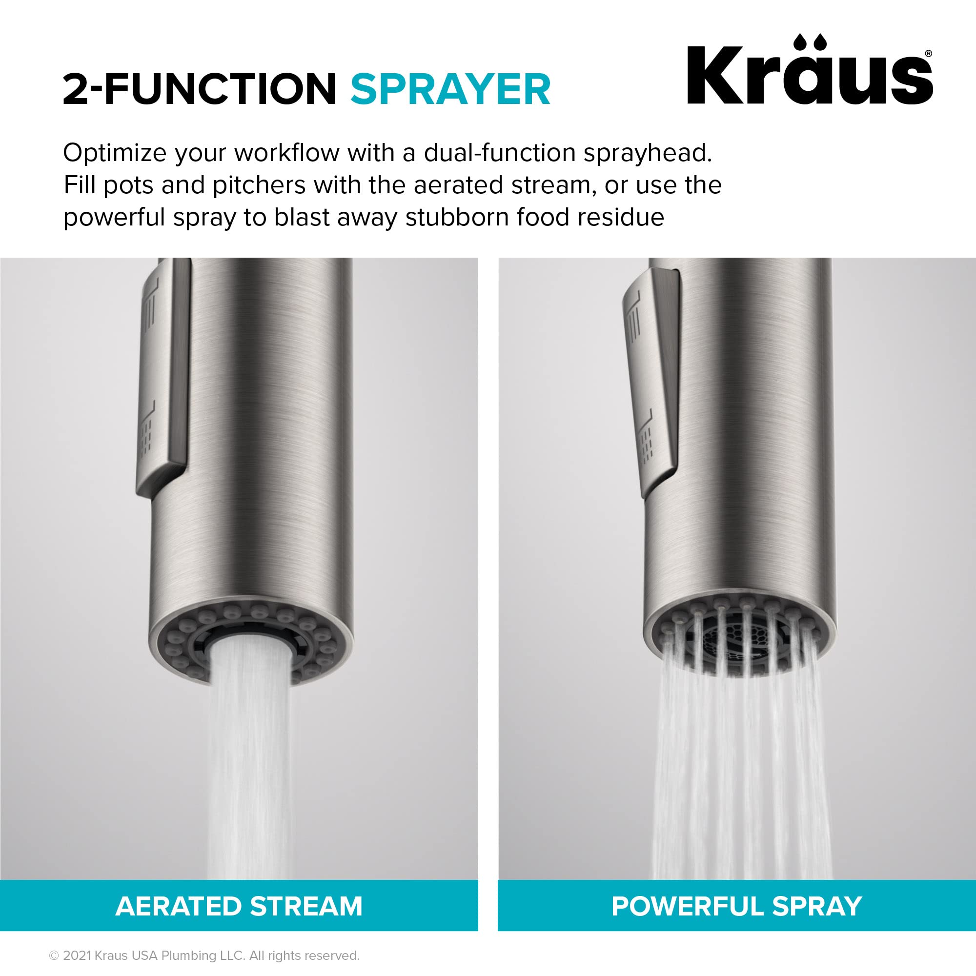 Kraus Oletto high-arc spout clears tall pots under cabinets