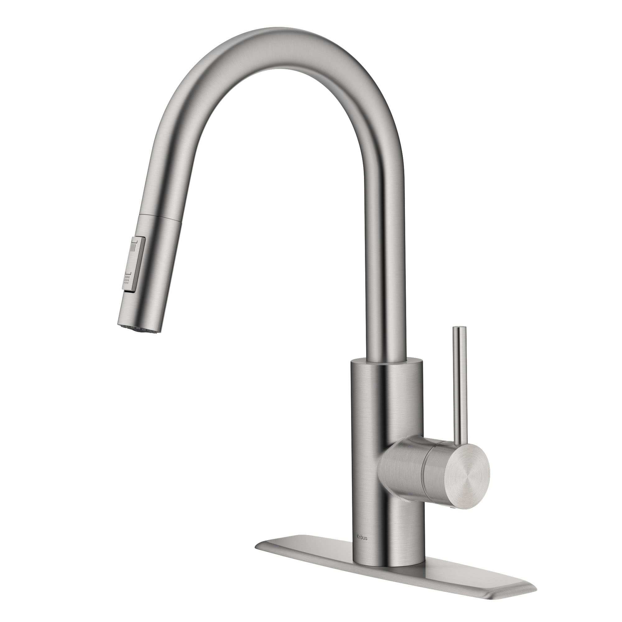 Kraus Oletto pull-down close-up shows spot-free stainless finish and modern lines for a clean kitchen